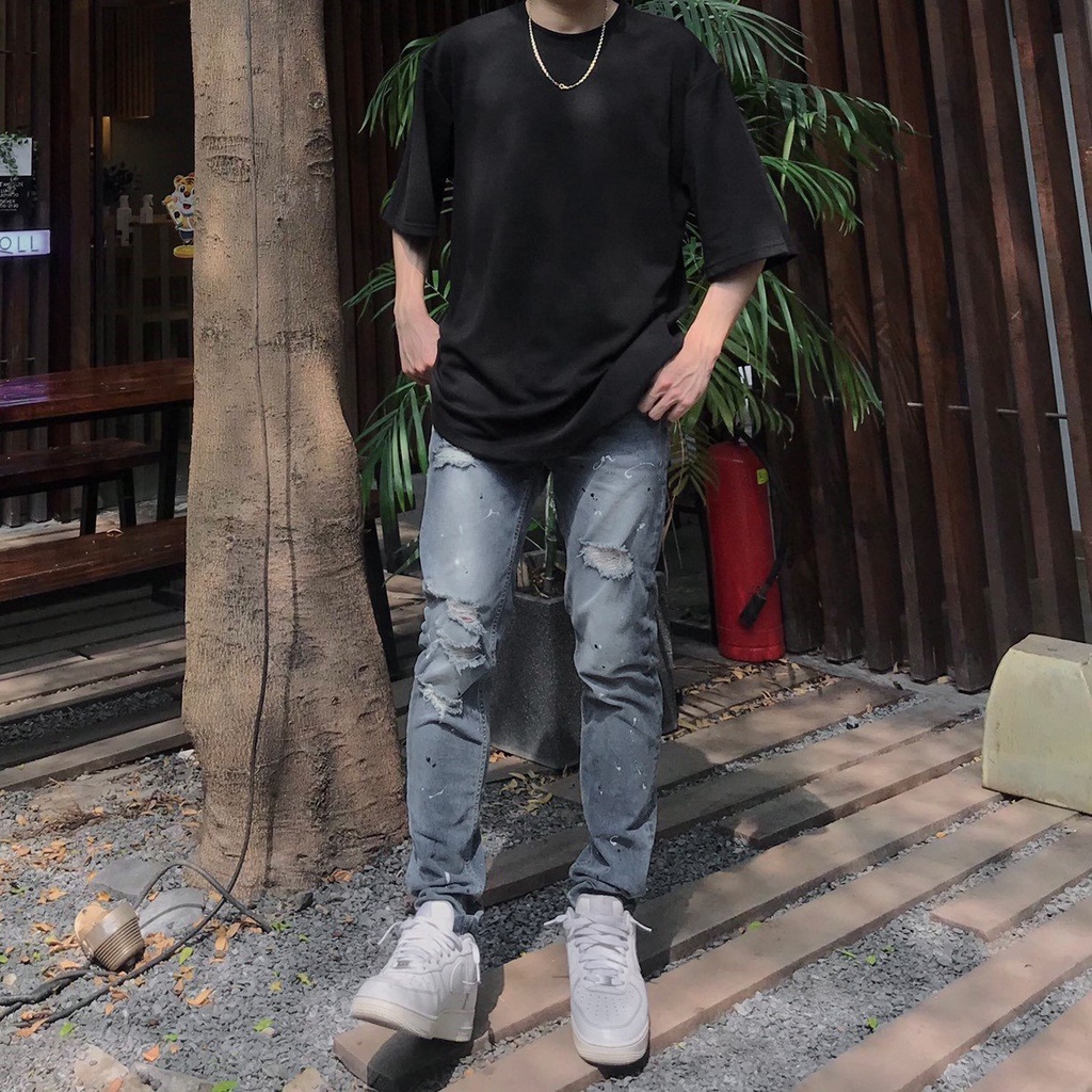 Quần jean nam cao cấp streetwear KQ31 màu xanh wash vẫy sơn rách bui bậm form slimfit chất jean co giãn, thoải mái.