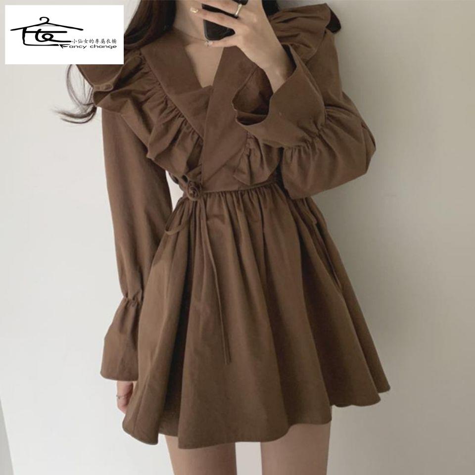 Đầm Ngắn Tay Loe Cổ Chữ V Thắt Eo Thời Trang Xuân Thu Phong Cách Mới