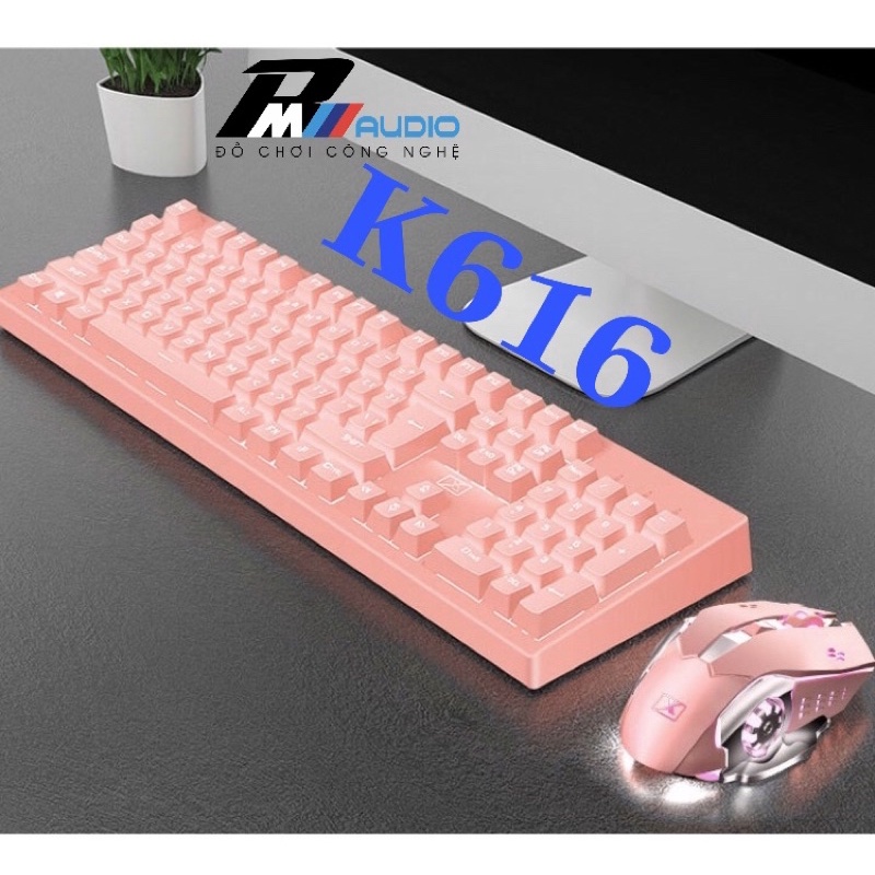 Combo bộ bàn phím giả cơ K616 kèm tai nghe gaming Q3 màu hồng dành cho các game thủ - Bàn phím có dây cao cấp K616