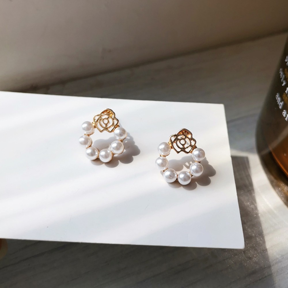 Hoa tai mạ bạc 925 hình hoa hồng đính ngọc trai phong cách cổ điển