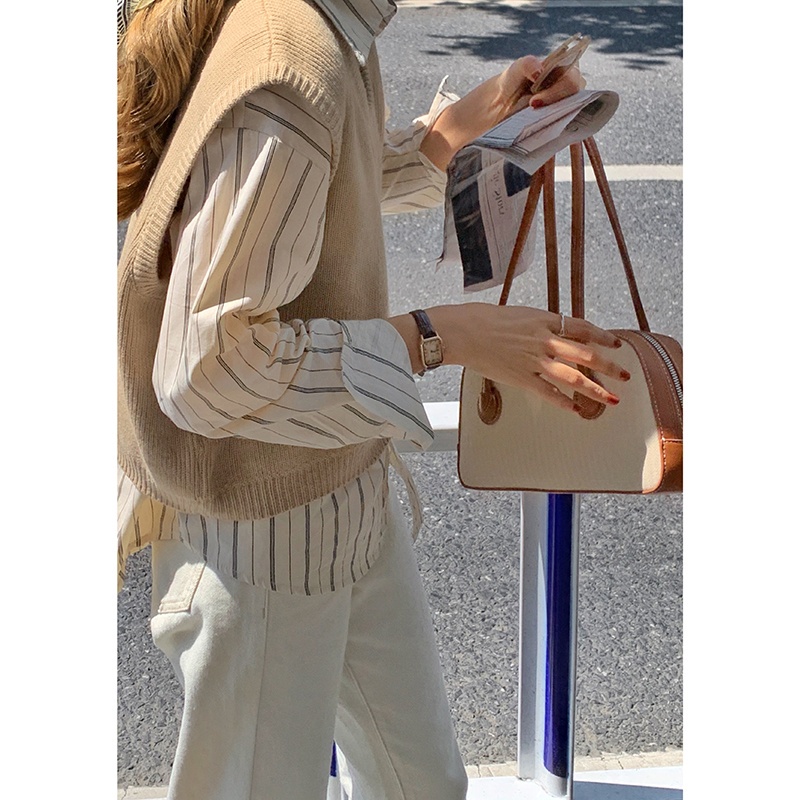 Áo sơ mi sọc tay dài/ áo không tay cổ V/ quần dài ống rộng lưng cao thời trang cho nữ 46294