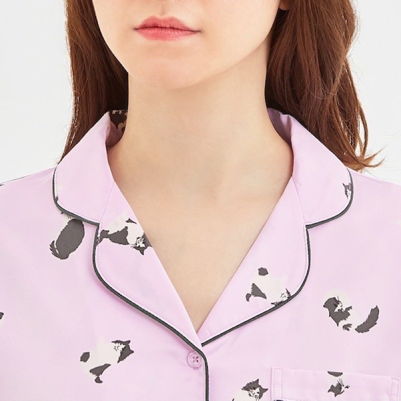 Bộ quần áo dài pyjama nữ in hình mèo dễ thương, xinh xắn của GU - Nhật Bản