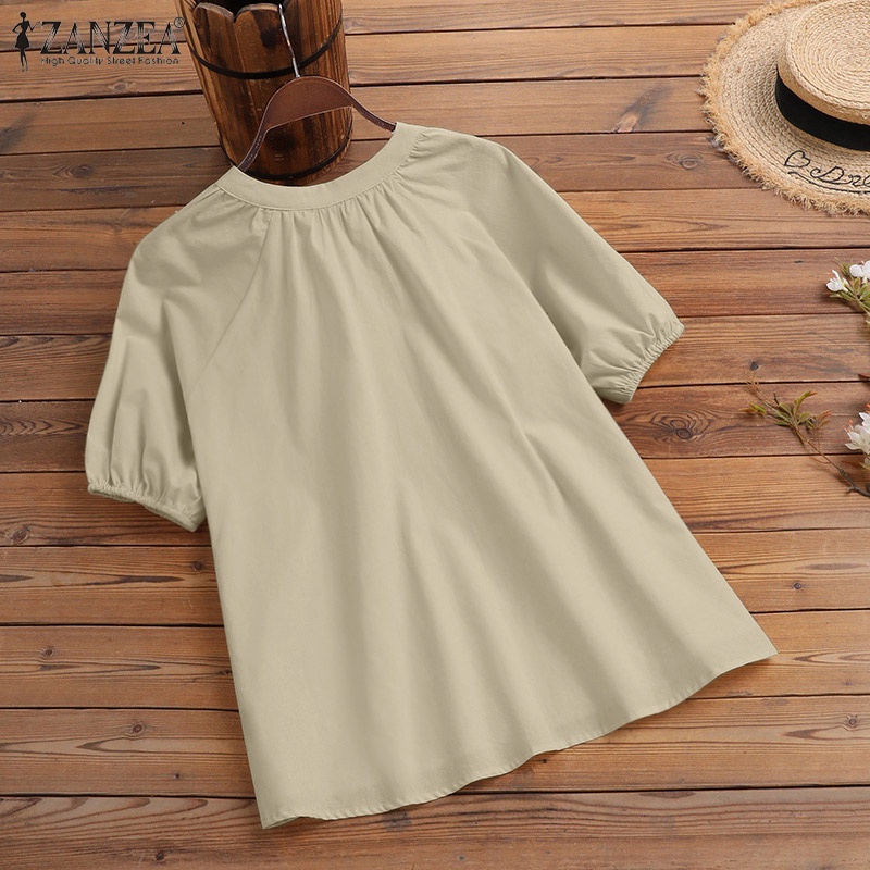 Áo kiểu ZANZEA tay lửng cổ tròn xếp ly cài nút thời trang tùy chọn màu sắc dành cho nữ