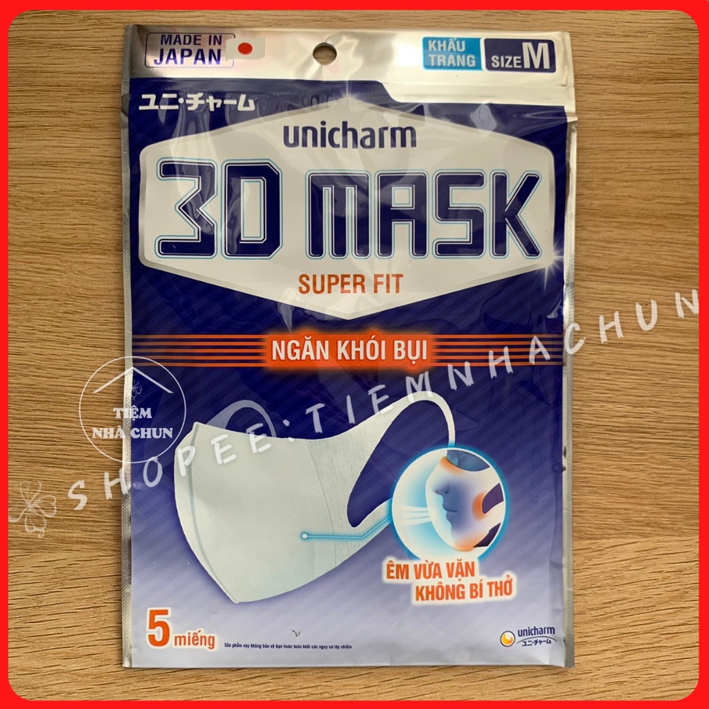 [CHÍNH HÃNG] Khẩu Trang Unicharm 3D Mask Super Fit Ngăn Khói Bụi Gói 5 Miếng Size M