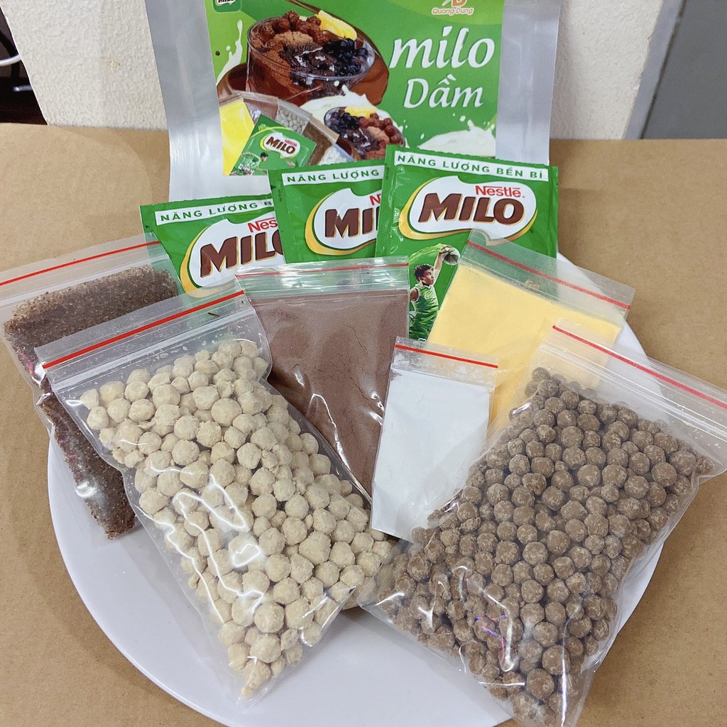 Set Nguyên Liệu nấu Milo Dầm Trân Châu Pudding 400g, đồ ăn vặt Sài Gòn ngon rẻ