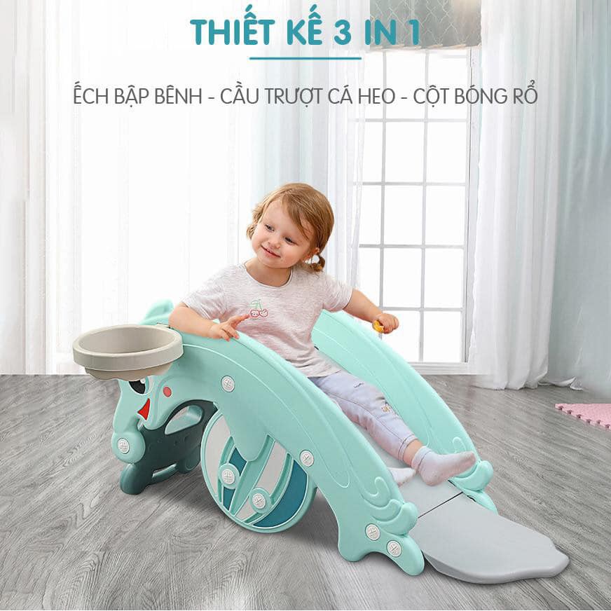 Cầu trượt cho bé, cầu trượt bập bênh mẫu cá heo 9Baby màu cam cao cấp bảo hành 12 tháng