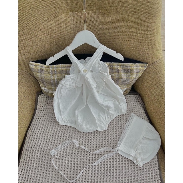 Đồ bộ liền thân dây eo + nón có dây ren em bé Nanci room