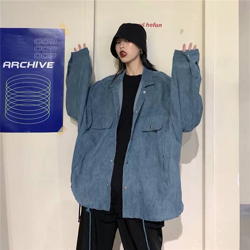 Áo khoác sơmi kaki nhung unisex Trơn 2 Túi form rộng nam nữ ulzzang Wind