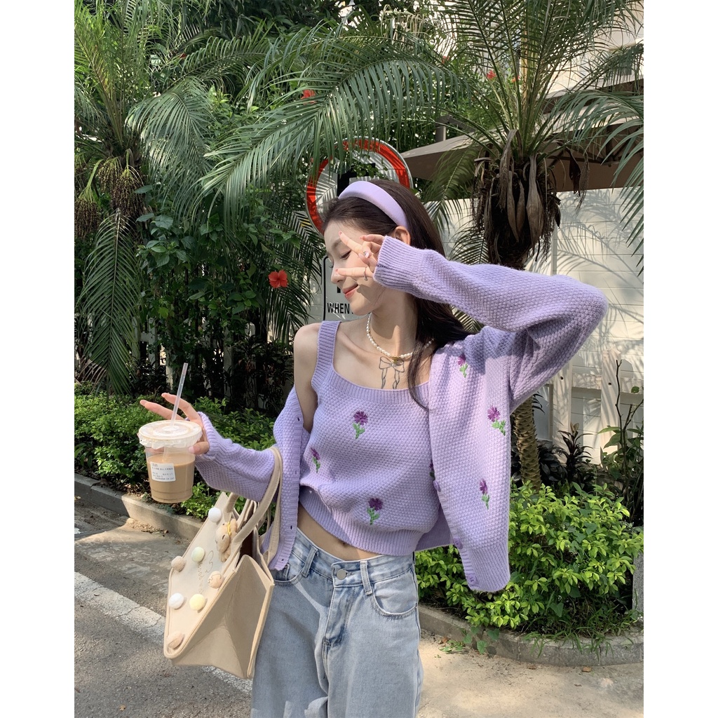 Bộ Áo Hai Dây Thêu Hoa + Áo Khoác Cardigan Dệt Kim Ngắn Thời Trang Hàn Quốc Cho Nữ