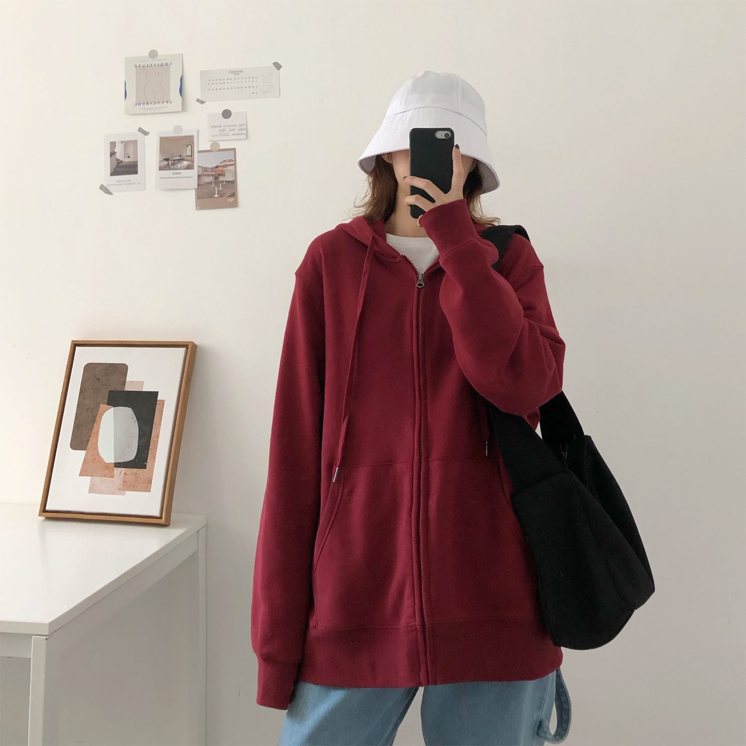 Áo Khoác Dài Tay Có Mũ Hoodie Form Rộng Phối Khóa Kéo Phong Cách Hàn Quốc