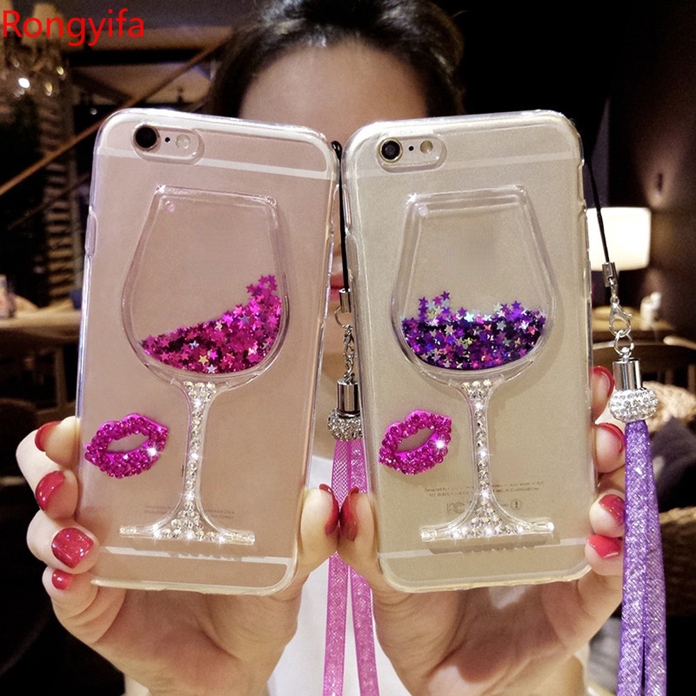 Bling Glitter Phone Case For Samsung Galaxy S20 Ultra S10 S9 S8 Plus S10e S7 Edge Case QuickSand Back TPU Case With Hang Rope Wine Glass Liquid Sand Clear Soft Cover