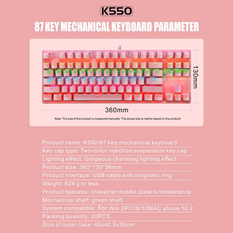 Bàn phím Cơ có dây LEAVEN K550 87 Phím 10 chế độ LED dành cho Game thủ