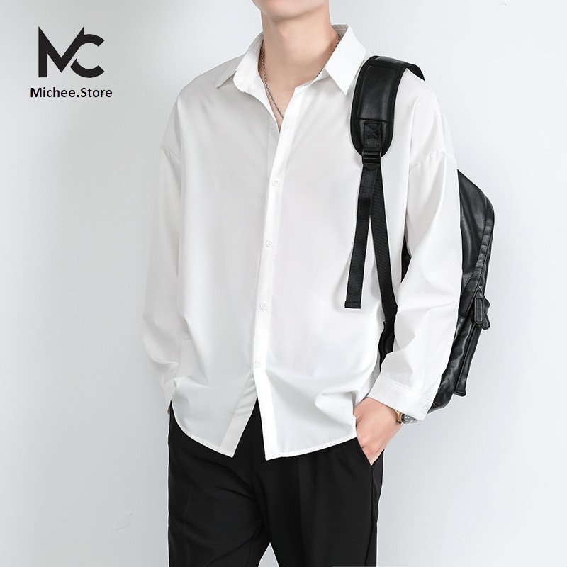 Áo sơ mi nam nữ dài tay Unisex Basic màu trắng và đen sơ mi lụa học sinh mịn mát form rộng suông-MC01