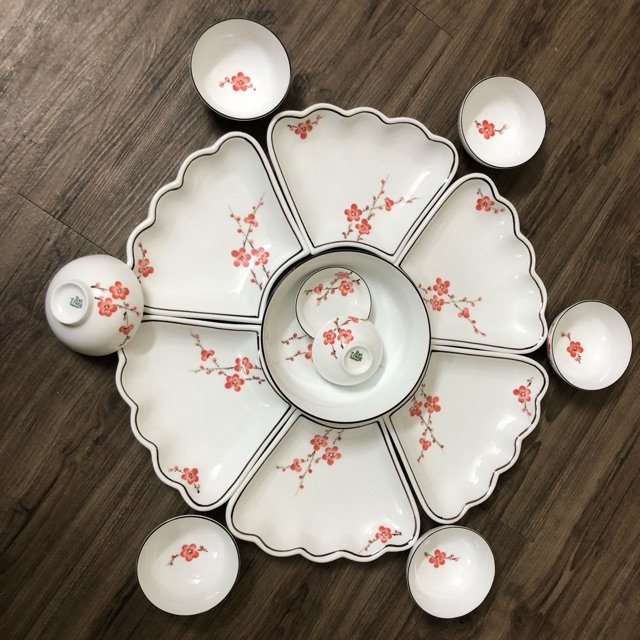Bộ đồ ăn hoa mặt trời vẽ hoa đào đỏ