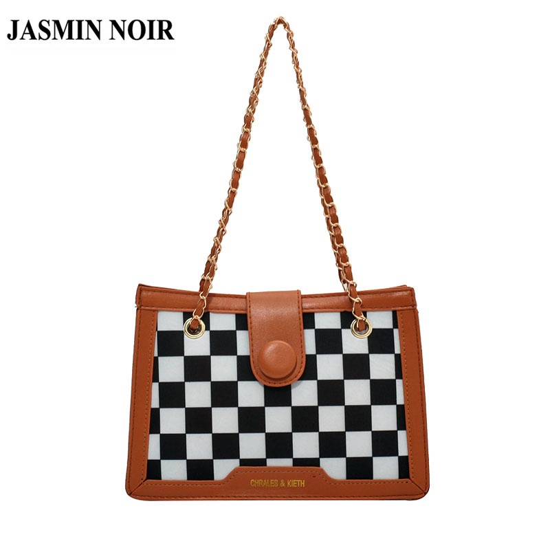 Túi Đeo JASMIN NOIR Chéo Dáng Vuông Nhỏ Họa Tiết Caro Phối Dây Xích Thời Trang Cao Cấp Cho Nữ
