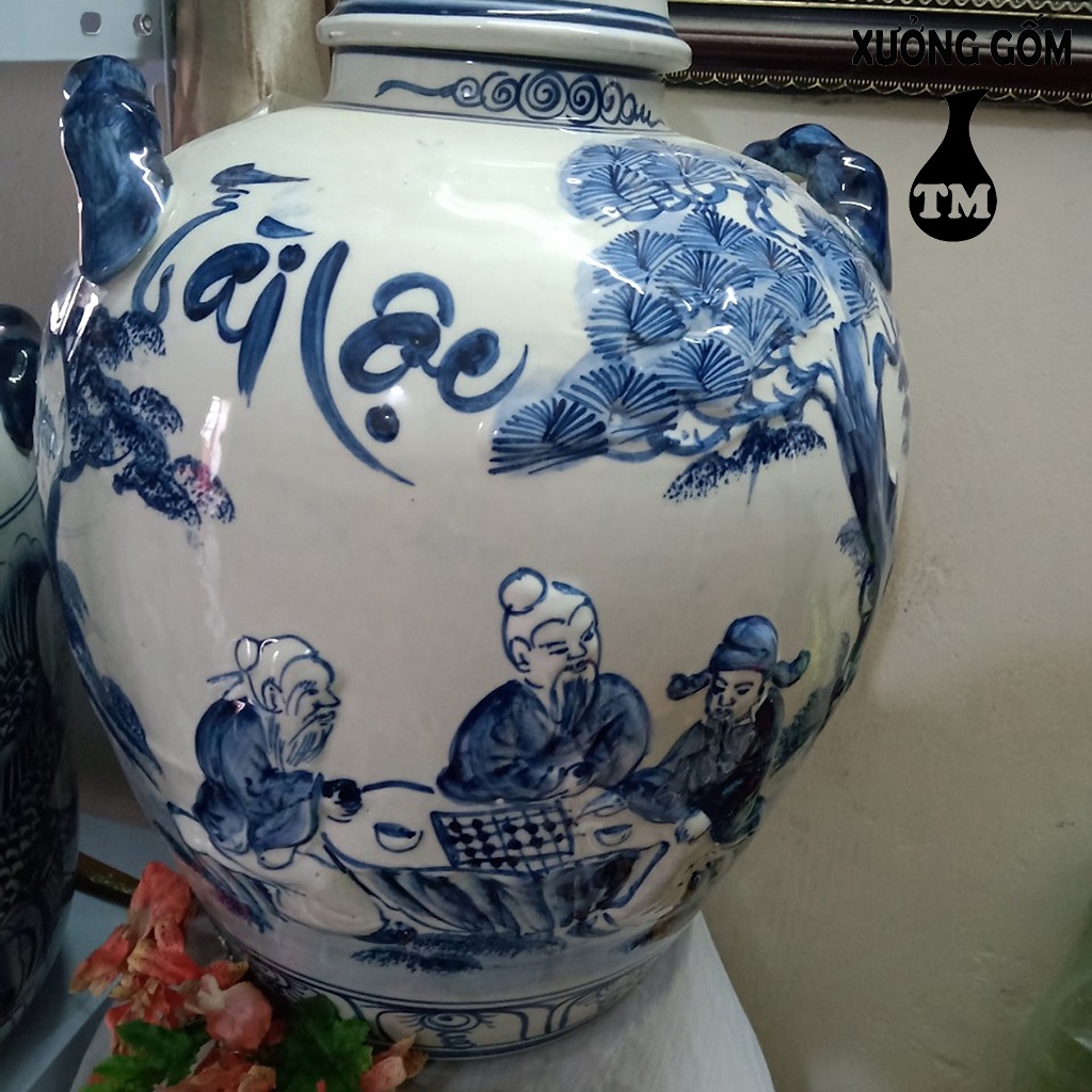 Chum Sành Đựng Nước, Ngâm Rươ.u Tráng Men Họa Tiết Đánh Cờ Chữ Tài Lộc Xưởng Gốm TM Bát Tràng 30L