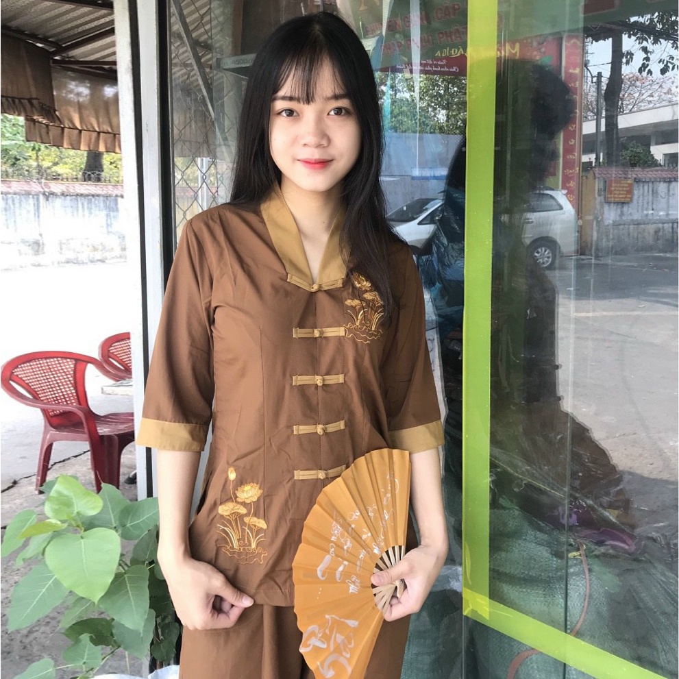 Bộ quần áo mặc nhà, Quần Áo nữ Phật Tử, đồ lam Đi Chùa mẫu La hán phối mã A07A