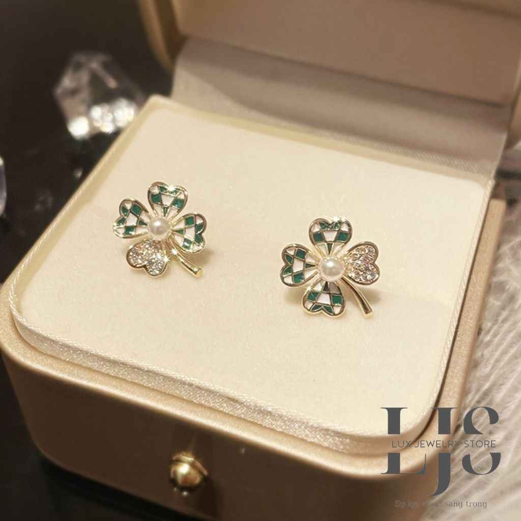 Bông tai hợp kim bạc titan Lux Jewelry, khuyên tai nữ cỏ 4 lá đính đá - LUXJ927