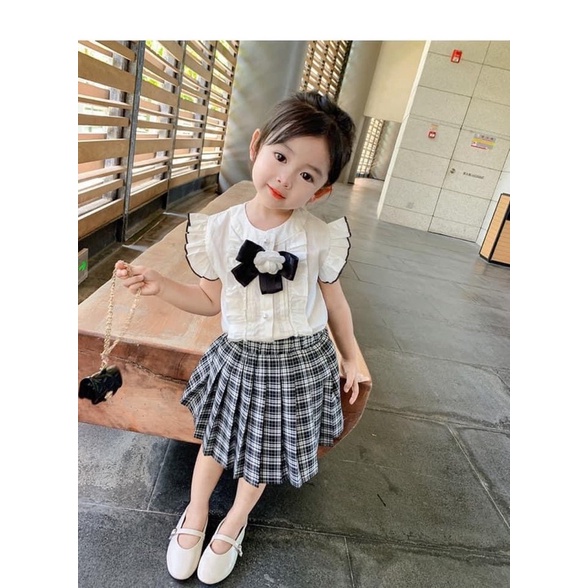 [SET BÉ GÁI] Bộ áo cánh tiên chân váy kẻ kèm tag đá cho bé gái