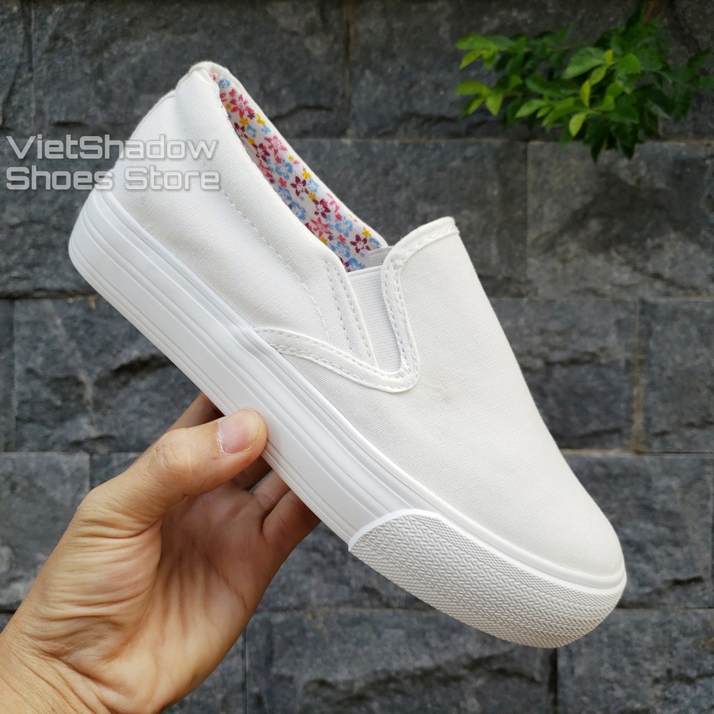 Slip on vải nữ - Giày lười vải nữ độn đế - Vải thô 2 màu (trắng) và (đen) đế trắng - Mã SP: H802