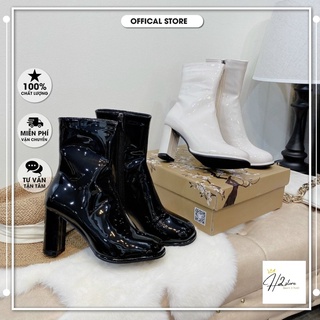 Boot Bốt nữ bốt cổ cao gót 9cm vuông da bóng mũi tròn