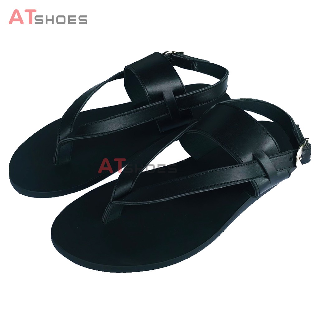 Sandal Unisex Da Bò Thật Không Thấm Nước Kiểu Dáng Thời Trang Atshoes ATXN51 (Đen-Đen Đế Vàng)