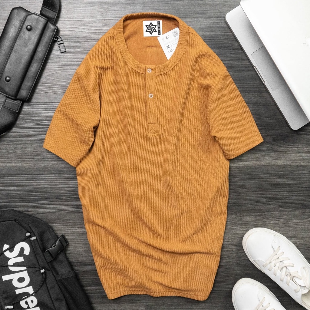 Áo Thun Nam Henley Áo Thun Cotton Vải Tổ Ong Cổ Trụ A25