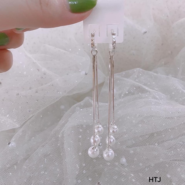 BÔNG TAI BẠC S925 DÁNG DÀI TUA RUA ĐÍNH TRAI XINH