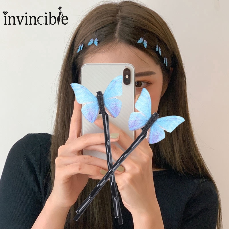 4Pcs Sweet Blue Butterfly Hair Clip/ Fashion Invisible Wave Hairpin/ Summer Holiday Hair Jewelry Accessories