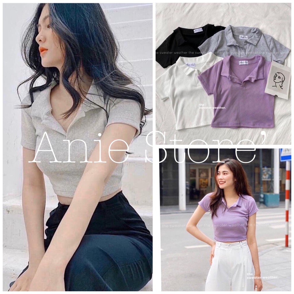 Áo Croptop Polo Cộc Tay Nữ 🦋 Áo Crt Cổ Bẻ Chất Thun Gân 3 Màu 🦋