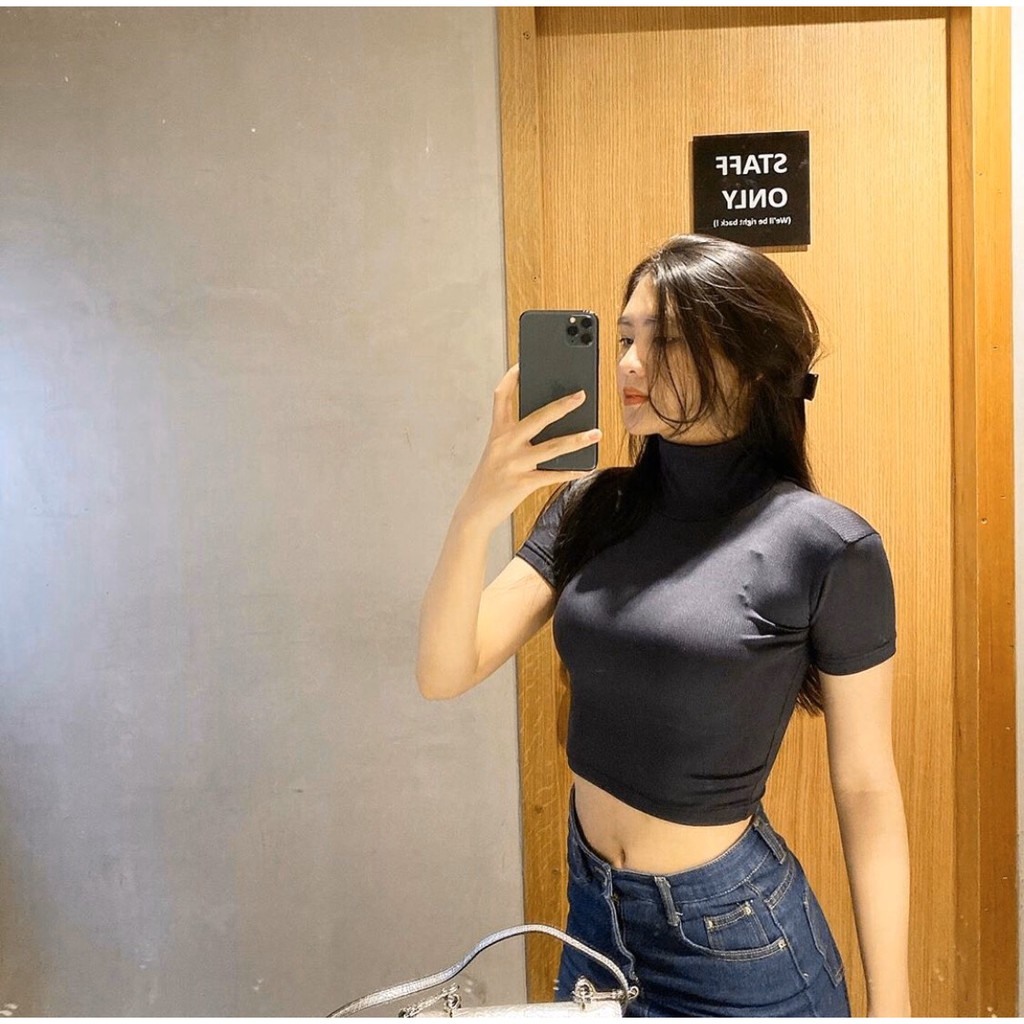 Áo thun croptop cổ lọ tay ngắn Forever 21sớ vải xịn co giãn 4 chiều trơn basic CRON 3 -4F