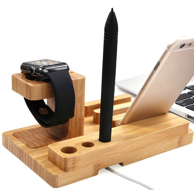 Giá Đỡ Điện Thoại Máy Tính Bảng Apple Watch Pad iPhone Để Bàn Bằng Gỗ Tre 3 Trong 1