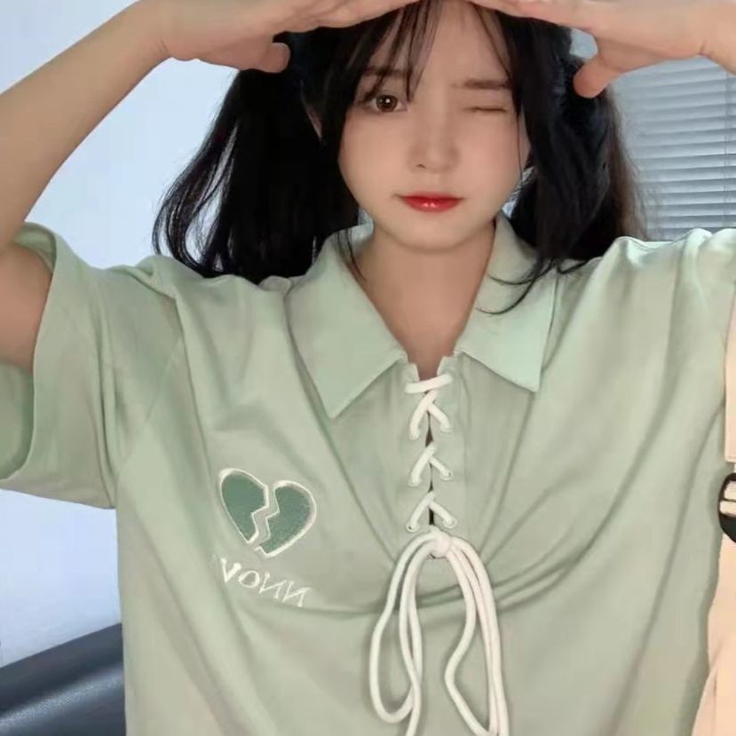 Áo Thun Polo Tay Ngắn Dáng Rộng Có Dây Rút In Hình Trái Tim Vỡ Phong Cách Preppy Ngọt Ngào Dễ Phối Đồ Cho Nam Và Nữ