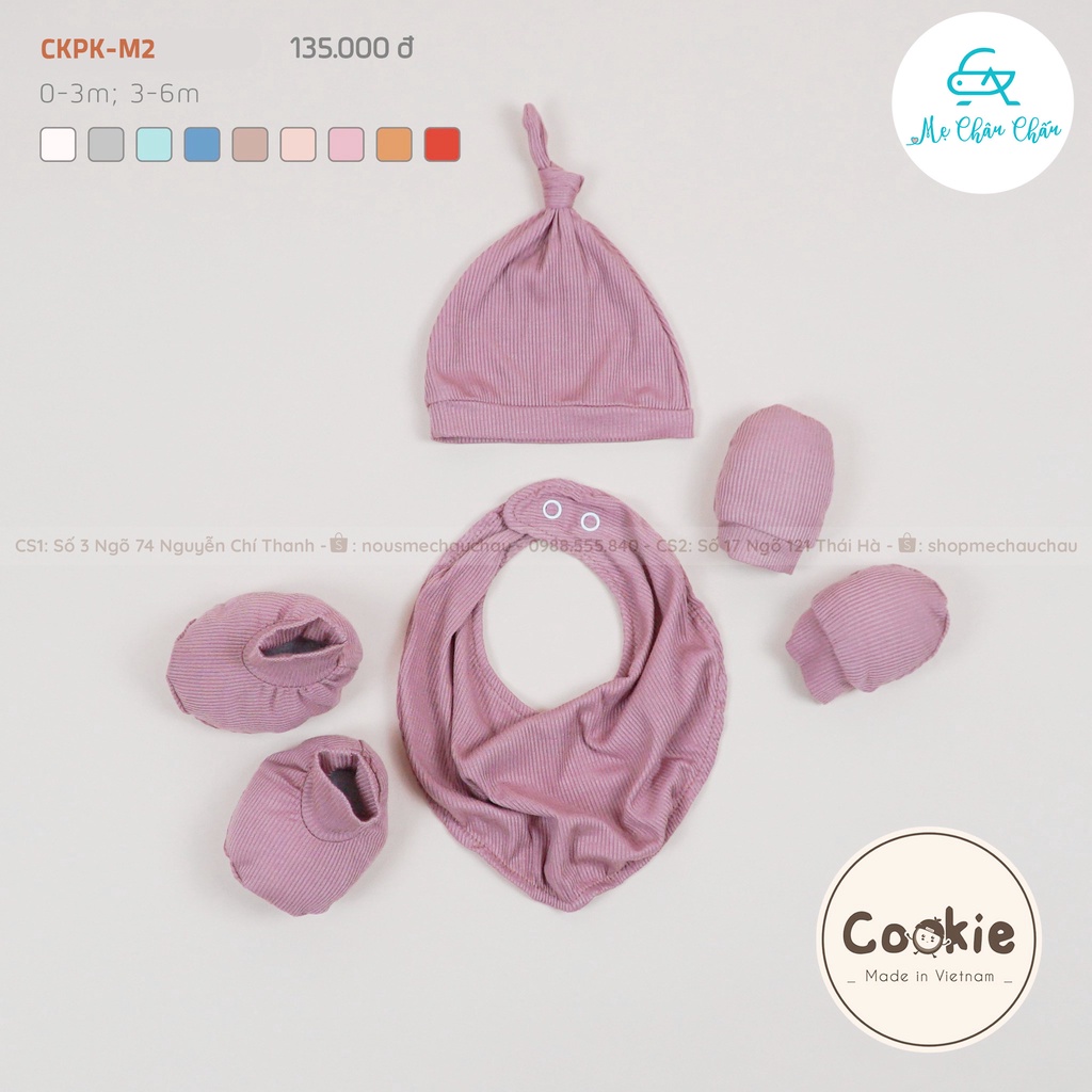 [FULL] Set Mũ Chóp Cookie Kèm Phụ Kiện Yếm, Bao Tay, Bao Chân (Size Sơ Sinh đến 6 Tháng)