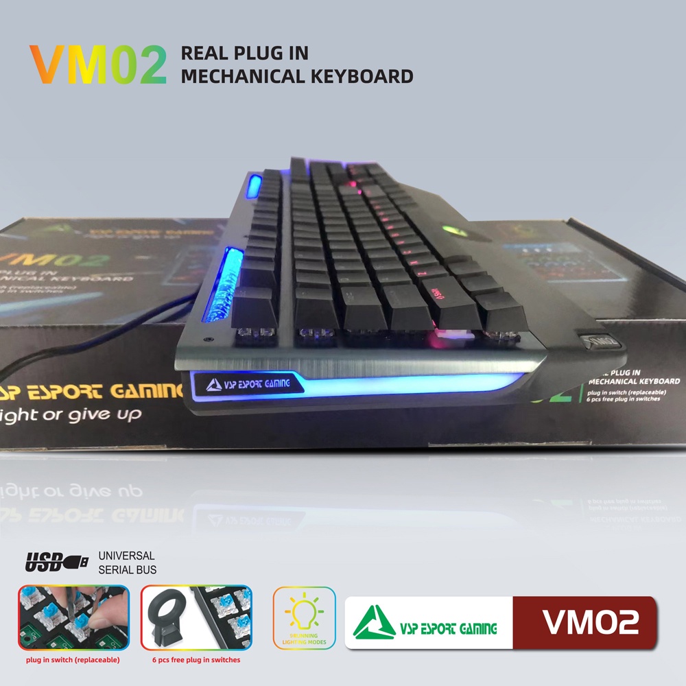 Bàn phím Cơ Gaming VSP Esport VM02 - 9 chế độ Led, Anti Ghost 26 phím (Đen) - Hãng phân phối