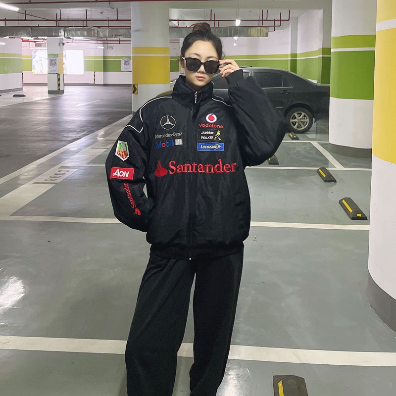 Áo Khoác Đệm Cotton Thêu Họa Tiết Xe Máy Mercedes-Benz F1 Thời Trang Thu Đông Cho Nam