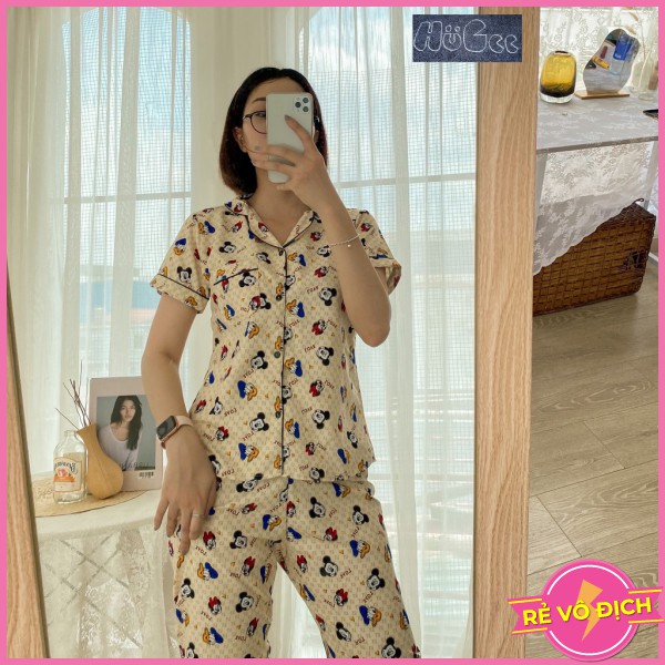 Đồ Bộ Quần Áo Ngủ Nữ Mặc Nhà Cộc Tay Pijama HUGEE Chất Vải Kate Thái Loại 1 Màu Vàng Kem Hình Mickey A0451