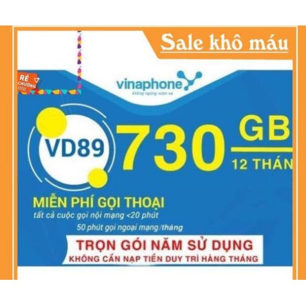 { Sim Trọn Gói 12 Tháng } Sim 4G Vinaphone 12 VD89 Tặng 2GB/Ngày - Gọi Nội Mạng 3000 Phút - Ngoại Mạng 50 Phút /Tháng.