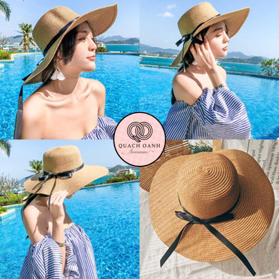 Sale lớn Mua Ngay Mũ cói mềm, nón cói đi biển nữ vành rộng dây nơ đen phong cách vintage chống nắng – MU44