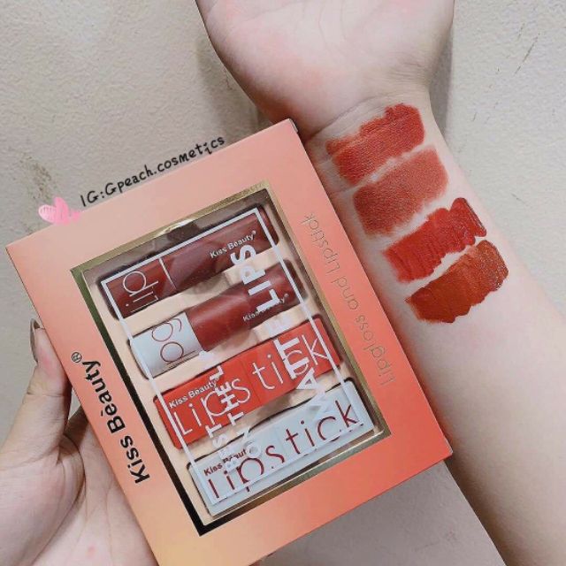 Set 2 son sáp và 2 son kem Kiss Beauty lipgloss and lipstick matte lips