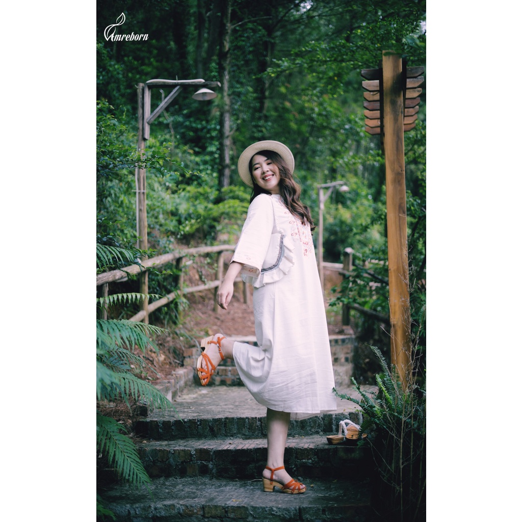 Đầm suông linen che khuyết điểm, dáng dài freesize, thêu họa tiết thổ cẩm, phong cách vintage, bohomian