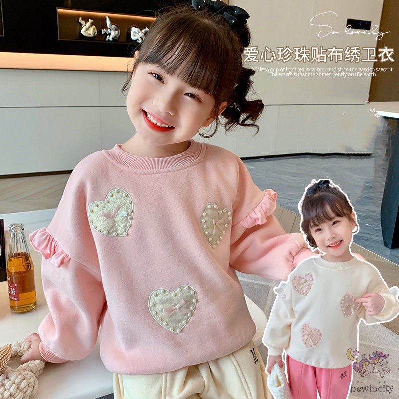 Áo sweater tay dài phối bèo đính ngọc trai giả thời trang Hàn Quốc đáng yêu cho bé gái