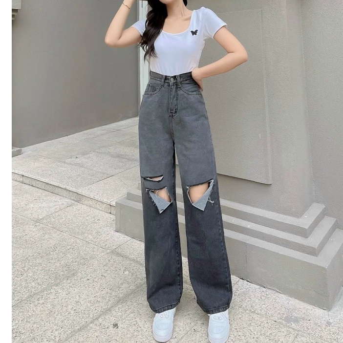 QUẦN JEANS ỐNG RỘNG NỮ LƯNG CAO LOANG MÀU XÁM RÁCH 2 VẠT 1 SỌC THỜI TRANG MỀM MỊN ĐẲNG CẤP HADI TÔN DÁNG THẦN CHƯỞNG
