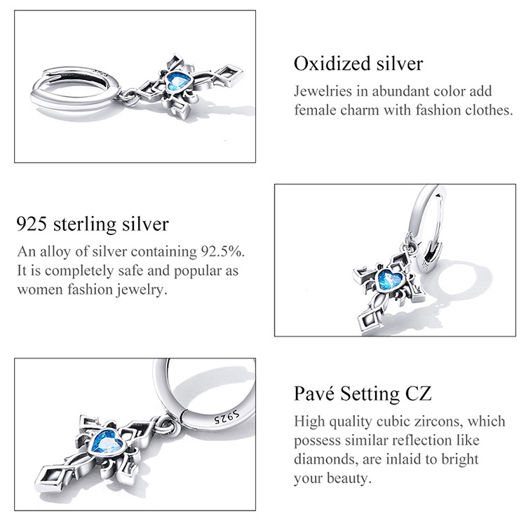 Khuyên tai nữ BAMOER BSE614  bạc 925 mặt hình chữ thập thời trang