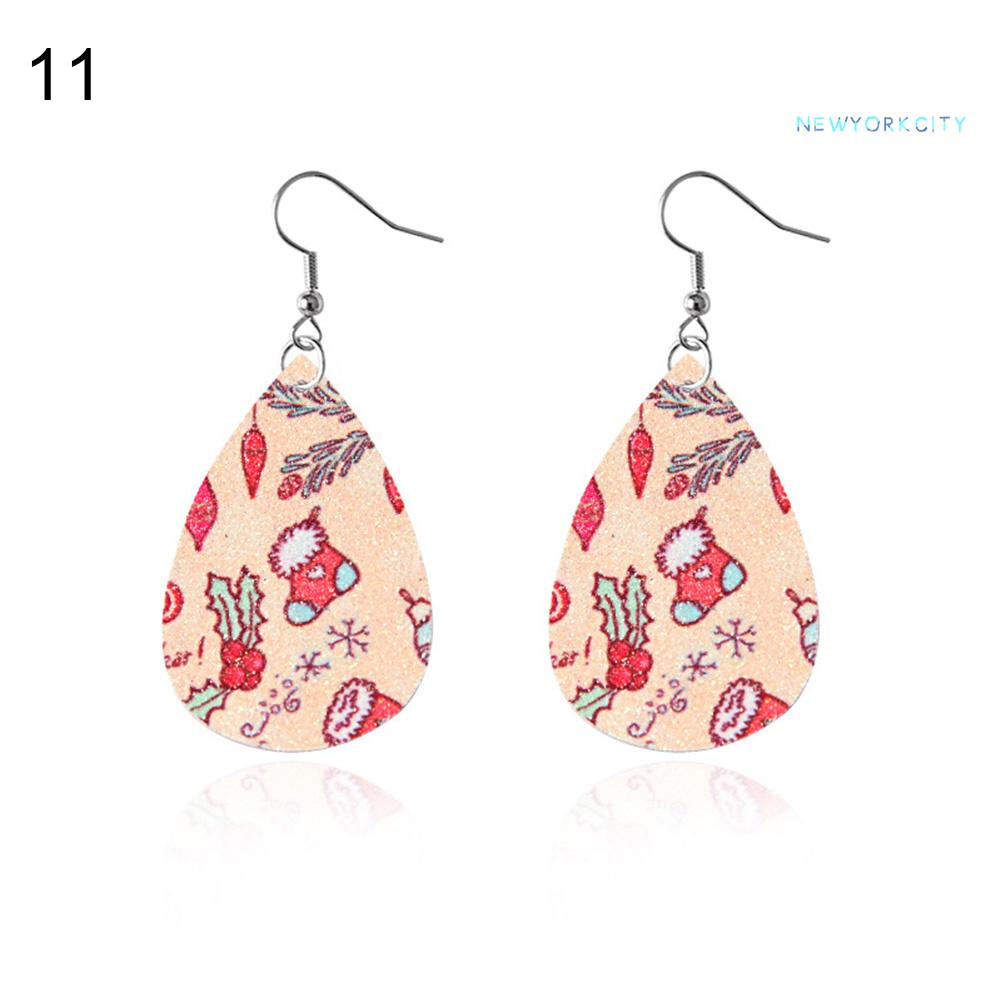 Khuyên Tai Giả Da Hình Giọt Nước Họa Tiết Cây Giáng Sinh Thời Trang