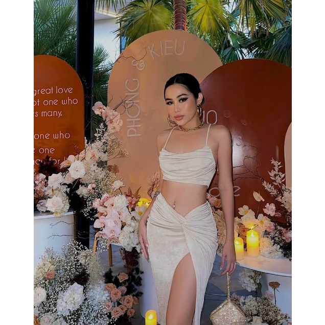 Sét áo croptop nhũ 2 dây chân váy xẻ tà thiết kế