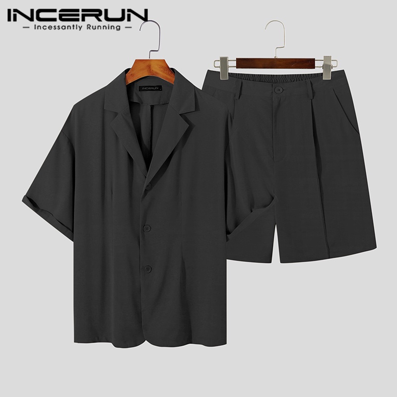 Set đồ INCERUN gồm áo khoác blazer ngắn tay + quần short dáng rộng thời trang cho nam