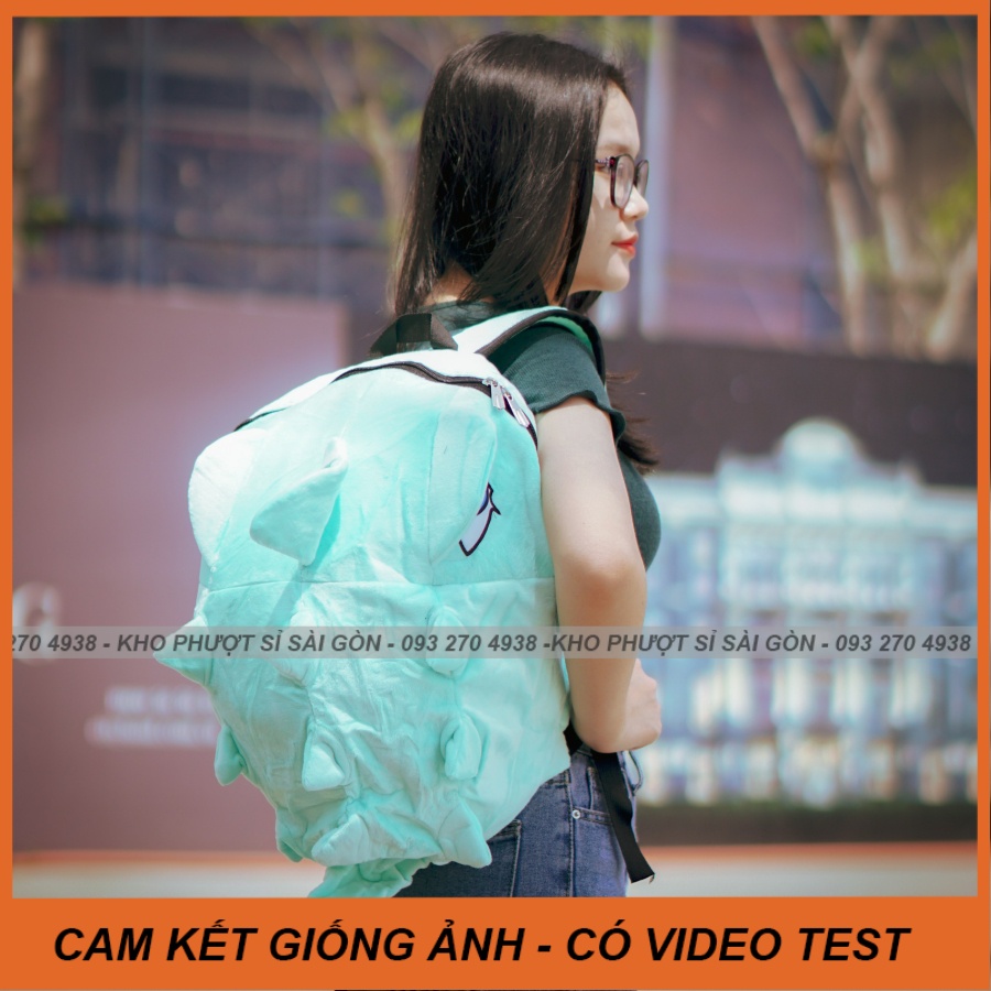 Balo màu xanh ngọc hình Khủng long Nhung mịn mắt in 3D cỡ lớn đựng mũ fullface 3/4 phượt