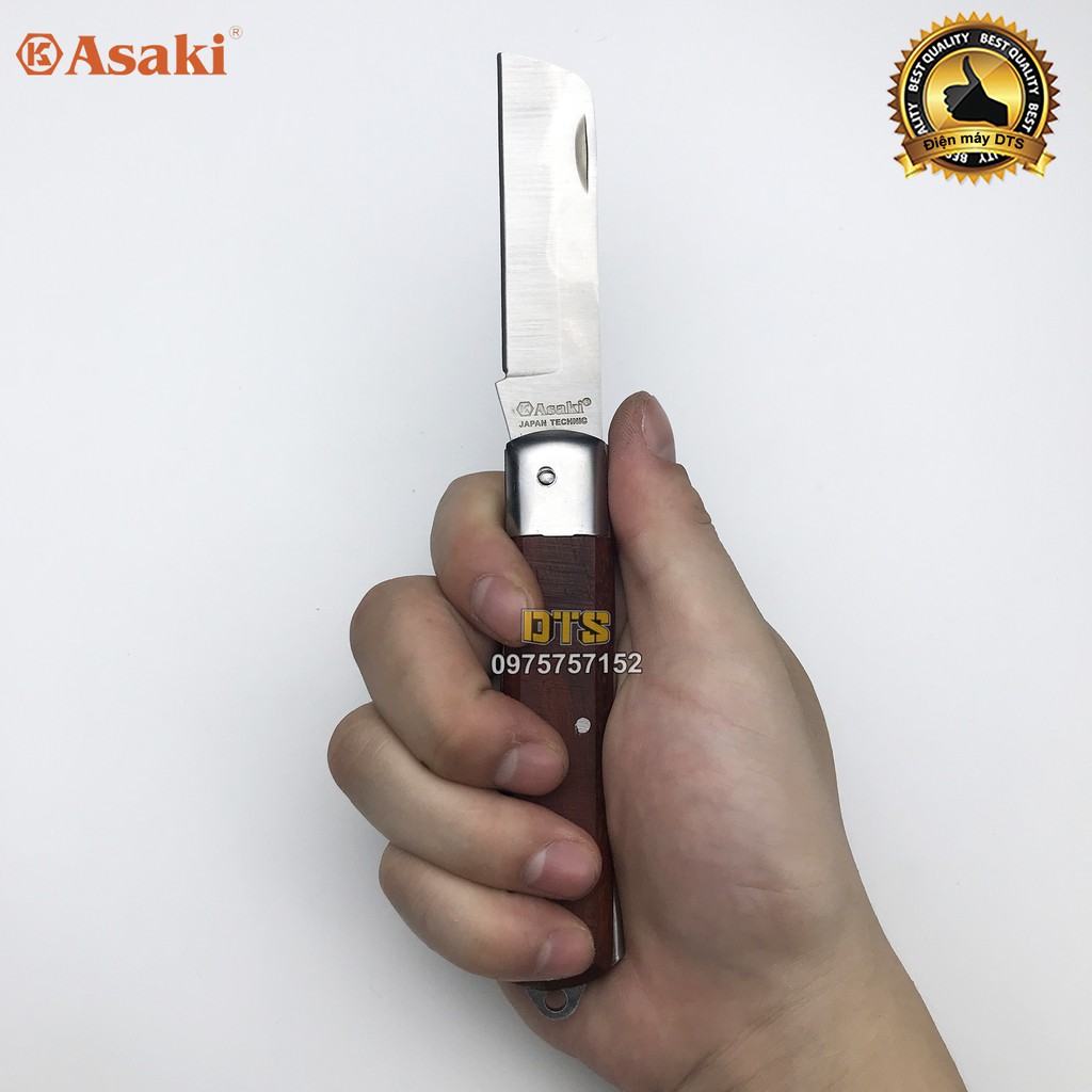 Dao tuốt dây điện lưỡi thẳng Asaki AK-8600, dao rọc cáp, gọt vỏ dây điện, thép không gỉ, cán dao ốp gỗ đỏ