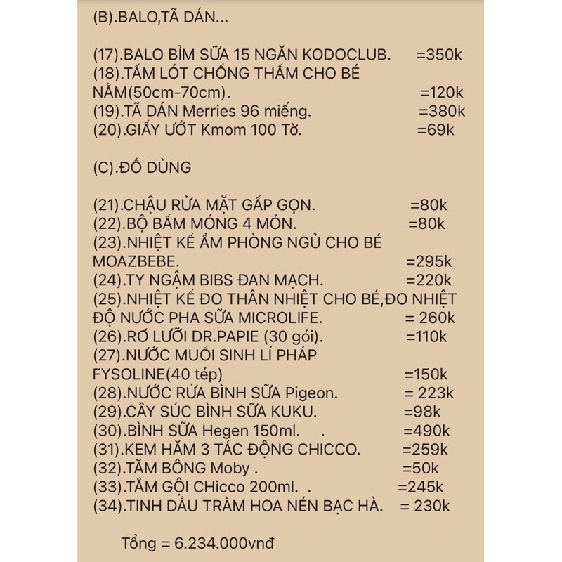 Combo đi sinh cho  bé trai ,Bé gái cao cấp 34 món ( danh sách sản phẩm trên hình ảnh)